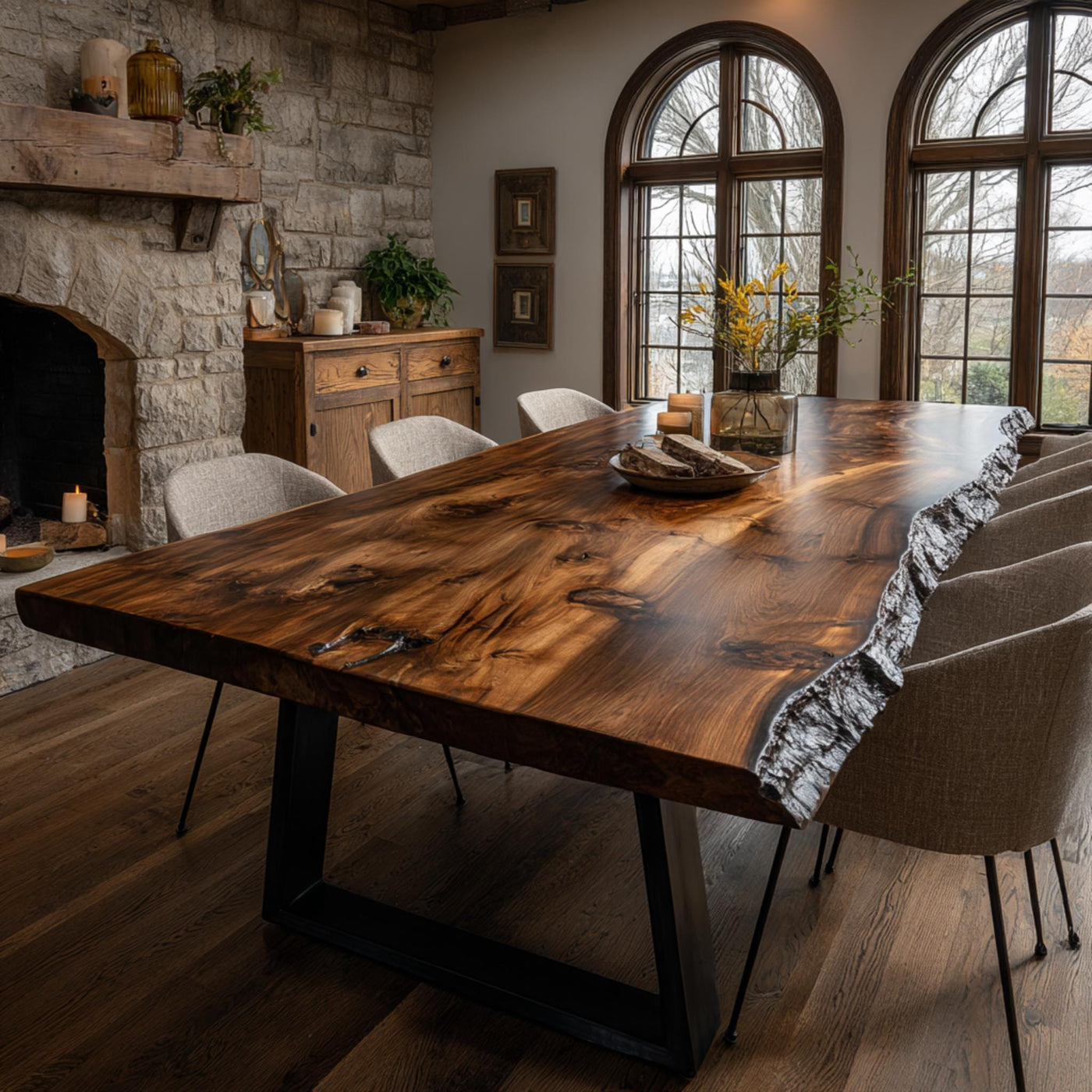 Solid Walnut Live Edge Dining Table, Handmade Rustic Farmhouse Furniture