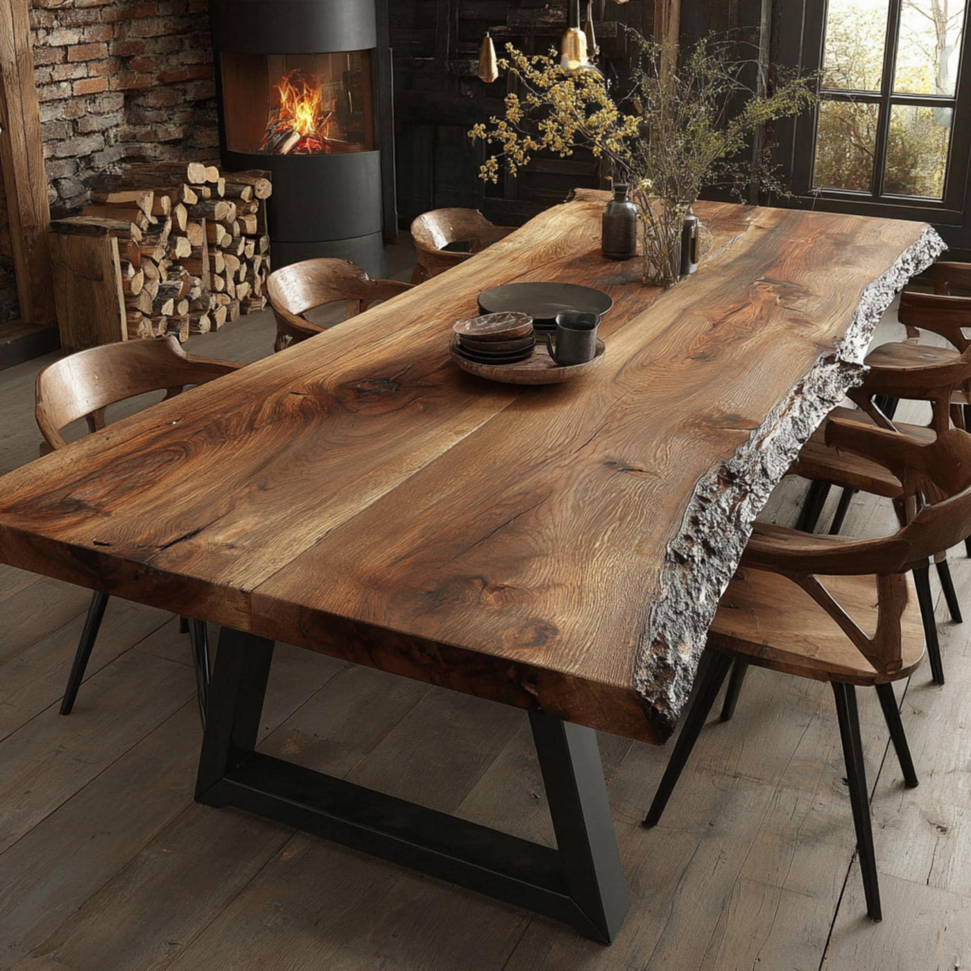 Solid Walnut Live Edge Dining Table, Handmade Rustic Farmhouse Wood Furniture