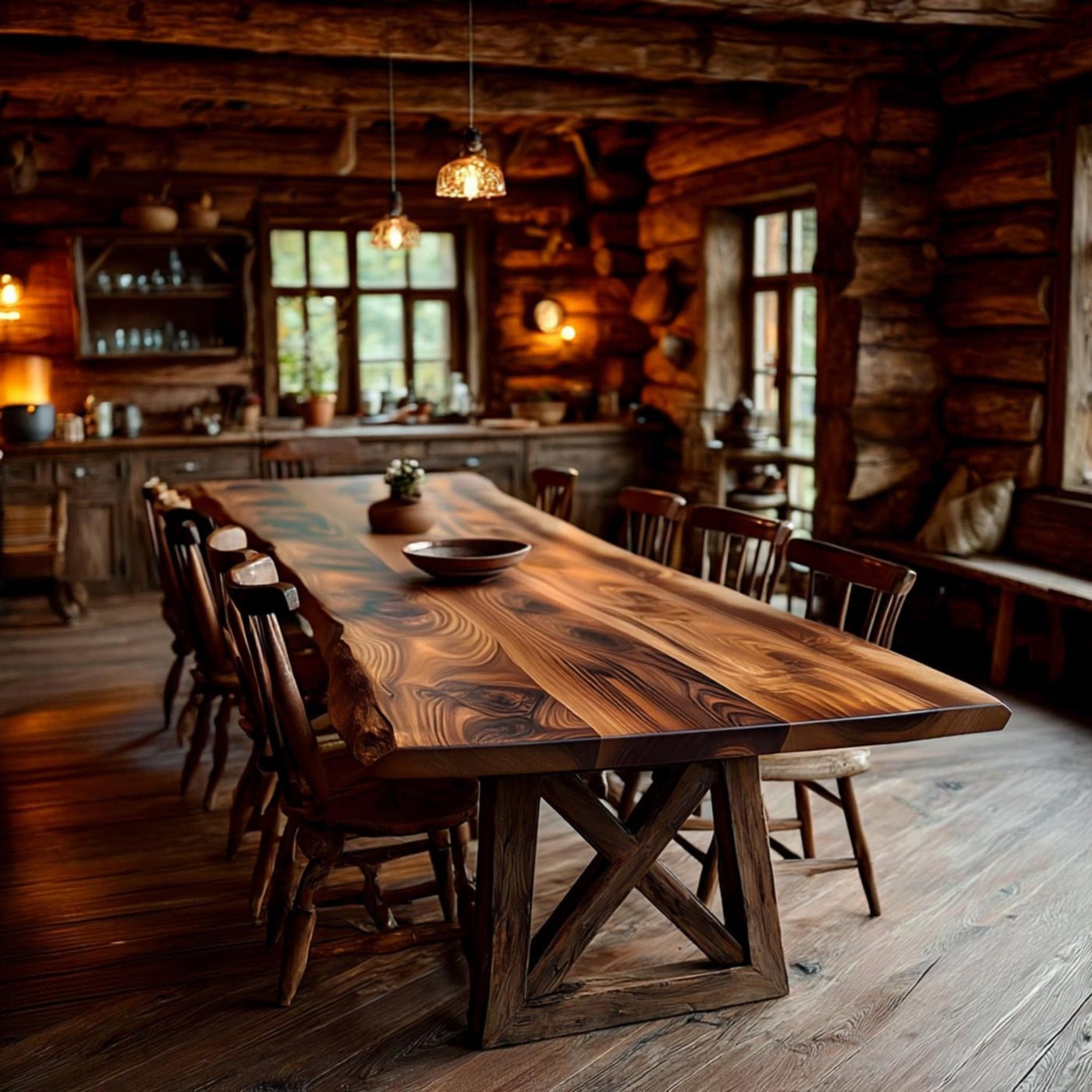 Solid Walnut Live Edge Dining Table, Custom Farmhouse Kitchen Furniture