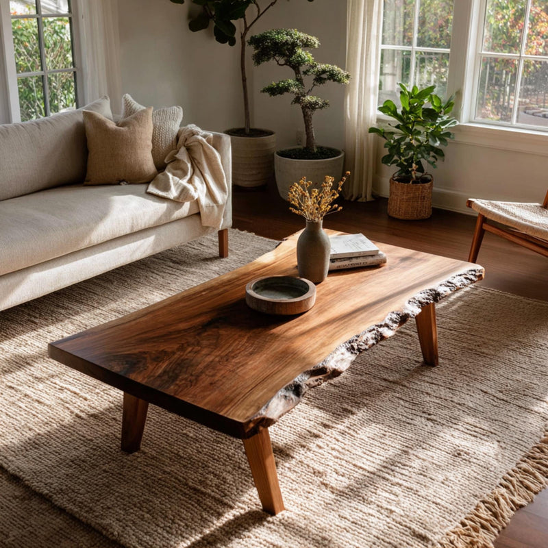 Solid Walnut Live Edge Coffee Table, Handmade Rustic Modern Living Room Furniture